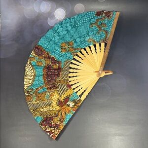 Turquoise & Gold Batik Folding bamboo Hand Fan - New